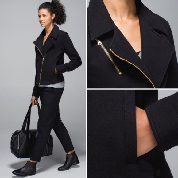 Lululemon Lab Black Moto Jacket Shadow Size 4 Rare Cotton Fleece Biker Gold Zip - Picture 2 of 14